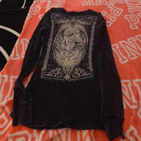 Sinful Black Long Sleeve Top with Graphic and Ring Accents - Size Small - Picture 6 of 8